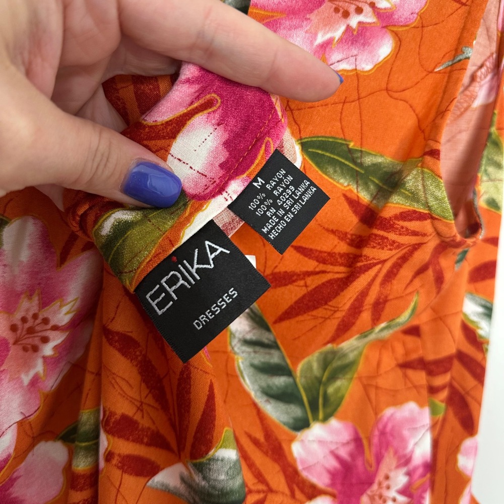 Erika Women's Vintage Orange Floral Print Button Front‎ Sleeveless Midi Dress M - Picture 3 of 9